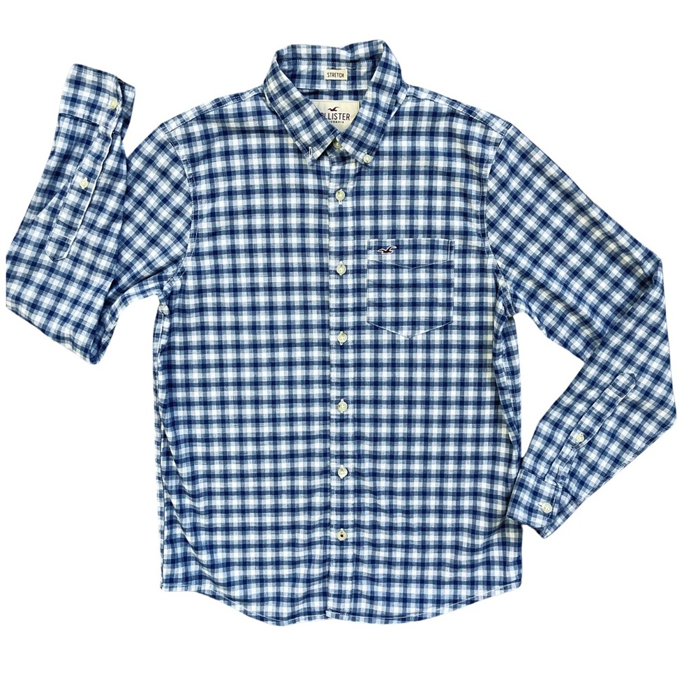 Hollister Guys Stretch Oxford Shirt, Blue Checked | S